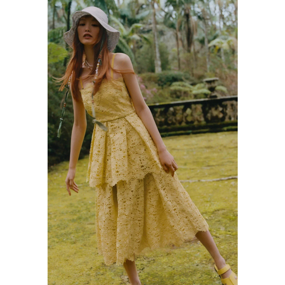 Maeve Dresses & Skirts - Anthropologie Maeve Tiered Lace Eyelet Dress Chartreuse Yellow Sz 8 Midi Flowy